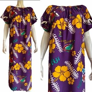 Vintage HAWAIIAN DRESS Caftan Muu Muu 1960s Novelty Print Purple Rayon Resort